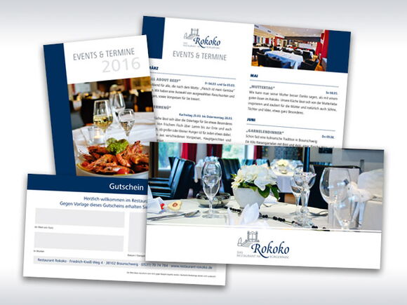 Design und Druck Termin-Flyer und Gutschein Restaurant Rokoko